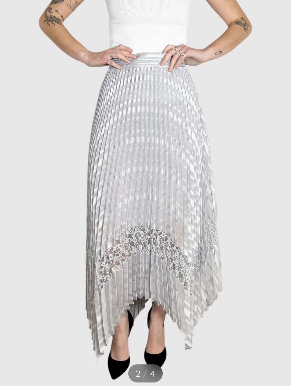 Intermix Women's Pleated Midi Skirt with Lace Trim and Hanky Hem, Size 0